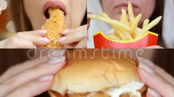女人吃快餐女孩在咖啡馆里吃和咬鸡块炸薯条汉堡和汉堡包特写视频的预览图