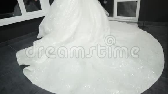 年轻漂亮的新娘头戴皇冠穿着别致蓬松的白色婚纱视频的预览图
