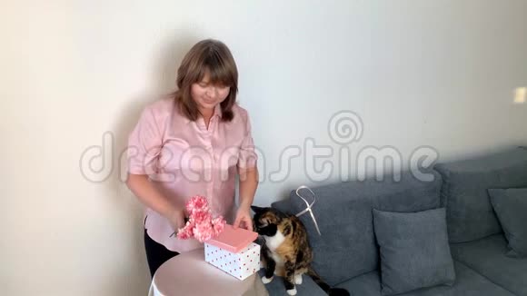 女人捧着一束粉红色的康乃馨花看着尝试盒子里的礼物放在圆桌上一只黑猫坐在圆桌上视频的预览图