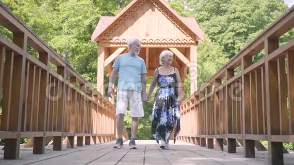 幸福的成熟夫妇牵着手走在桥上优雅的高级女性穿着夏装丈夫花钱视频的预览图