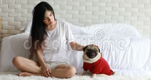 美丽的亚洲年轻女子和她的狗玩耍微笑着和狗哈巴狗品种在卧室里看着有趣和严肃的脸视频的预览图