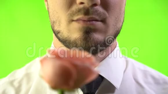 在绿色屏幕背景下特写脸部男士嗅到玫瑰视频的预览图