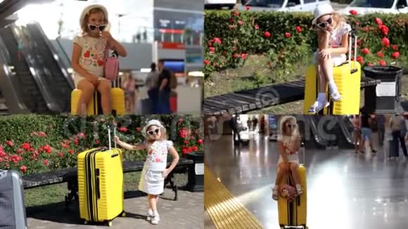 小女孩等着带着大行李旅行儿童游客带着一个黄色的手提箱旅行视频的预览图