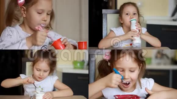 儿童食用乳制品牛奶酸奶凯菲尔家庭奶酪宝贝女孩在吃婴儿食品健康的早餐视频的预览图