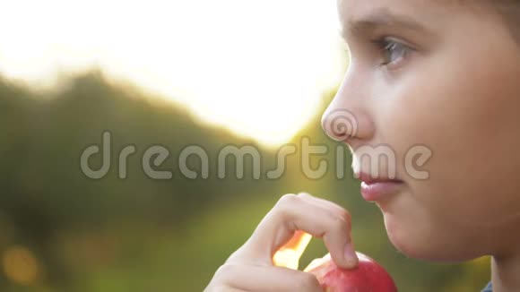 女孩在花园里吃有机苹果收获概念关门视频的预览图