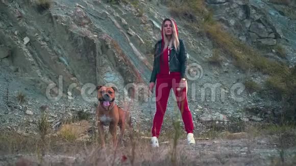 年轻的金发女郎带着一只狗饲养着美国斯塔福德郡梗站在山脚下女孩抱着一只狗视频的预览图