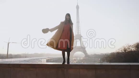 背光美丽快乐微笑的女人在令人惊叹的日落埃菲尔铁塔景下在巴黎慢动作视频的预览图