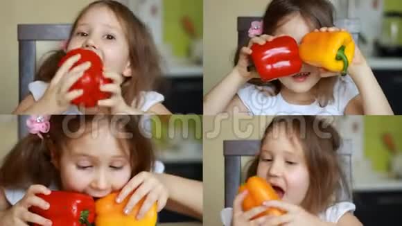 孩子们在厨房吃健康的食物小女孩在玩红色和黄色的辣椒维生素的概念视频的预览图