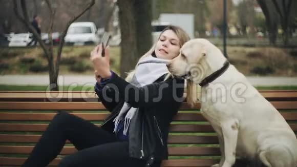 带着猎犬的年轻女人在公园的长凳上自拍视频的预览图