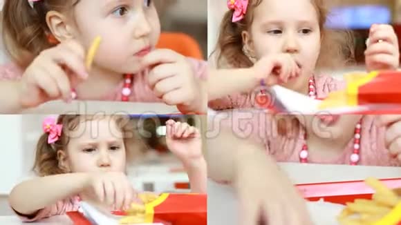 小女孩吃快餐食品薯条视频的预览图