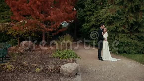 美丽的一对新婚夫妇拥抱在绿红的美丽树木之间视频的预览图