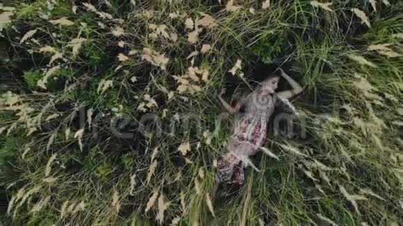白人嬉皮士女孩躺在一片干草地里自然儿童的概念视频的预览图