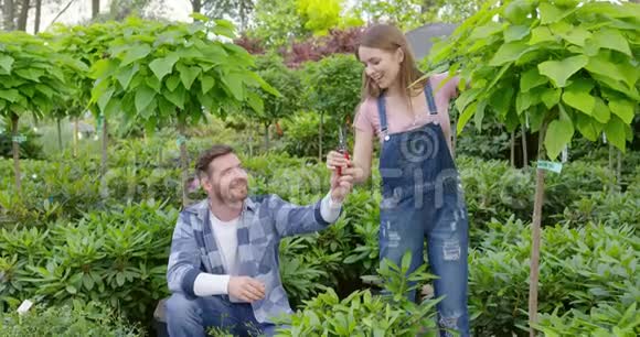 男人和女人照顾花园里的植物视频的预览图