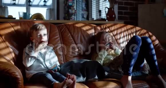 可爱的小快乐白种人兄弟姐妹男孩和女孩看电视在家里的沙发上吃松饼放松慢动作视频的预览图