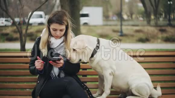 有魅力的女人坐在长凳上用电话在城市公园里视频的预览图