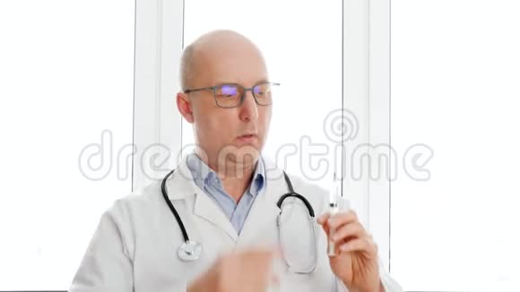 男性医生在医疗医院准备注射注射器画像师从注射器中释放出气泡视频的预览图