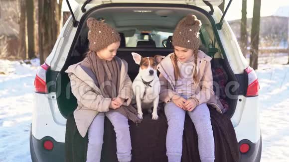 两个姐姐和狗坐在汽车的后备箱里视频的预览图