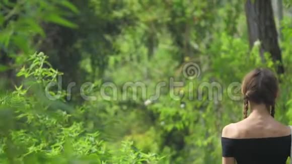 在阳光明媚的日子里女士沿着绿色的森林景观散步视频的预览图