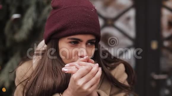 穿上冬帽感到寒冷温暖的手和微笑等待着的快乐迷人的年轻布鲁内特女孩视频的预览图