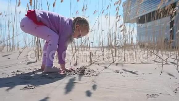 春天小女孩在芝加哥附近的密歇根湖海滩上玩沙子视频的预览图