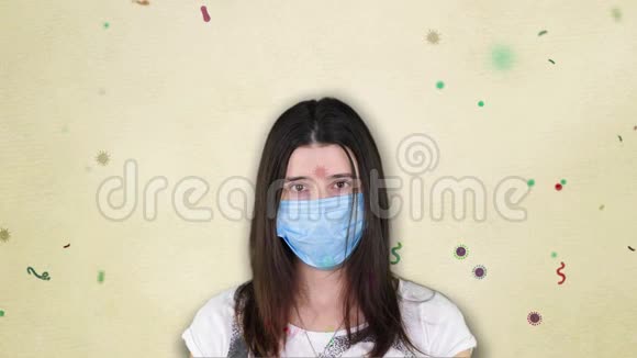 女孩在蓝色医用绷带的背景下飞行各种细菌病毒冠状病毒的可能概念视频的预览图