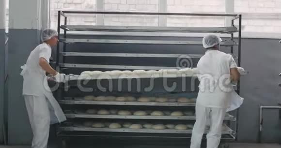 食品工业烘焙工段两名专业工人在一台专用设备上白均匀地将生面包装到视频的预览图