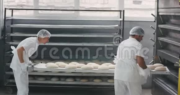 在一家大型的面包店里从货架上取出两块生面团放入工业烘炉机进行烘烤视频的预览图