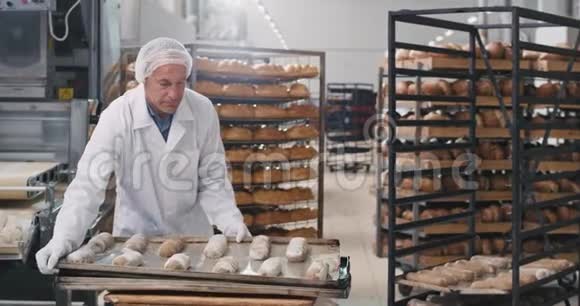 成熟男子面包师在特殊的白色设备采取货架的原始培育以运输所有的培育以烘焙在烤箱视频的预览图