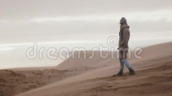 摘要背景拍摄年轻的女游客在极端沙尘暴的风慢运动下在大型沙丘上摆姿势视频的预览图