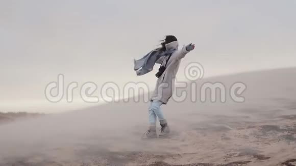 年轻的女游客带着相机落下带着极端的沙尘暴在斯堪的纳维亚沙丘缓慢移动视频的预览图
