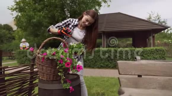 可爱的小女孩从花盆里剪干叶子视频的预览图