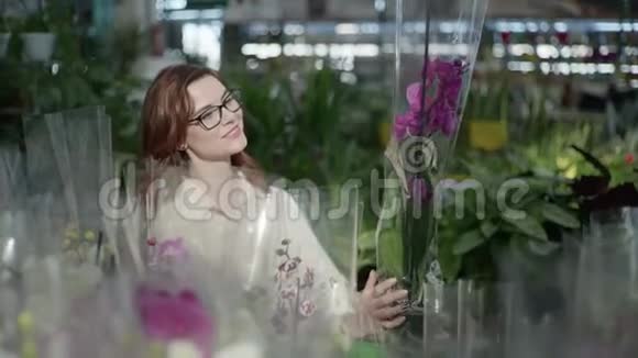 花商微笑的花商戴着眼镜的女孩在花房里的花盆里检查室内植物的装饰性开花视频的预览图