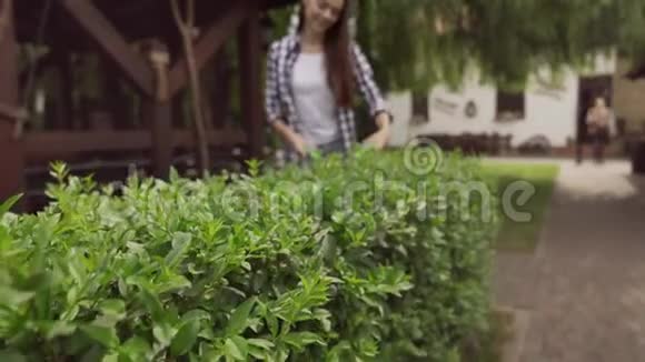 穿着格子衬衫修剪绿色灌木丛的年轻女士视频的预览图