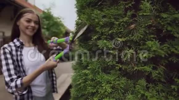 微笑的女士在装饰的上剪下杂草丛生的树枝视频的预览图
