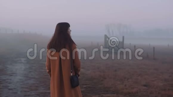 后观幸福美丽的白种人年轻女子冥想走在神秘的雾日出小路上慢动作视频的预览图