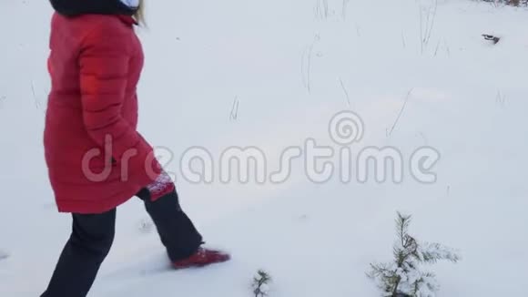 快乐的少女做冬天森林里的雪天使视频的预览图