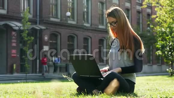 漂亮而现代的女学生或自由职业者在笔记本电脑上工作红头发的女人坐在绿色草坪上的公园里视频的预览图