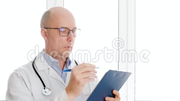 中年重症医师在临床上持写字板书写诊断视频的预览图