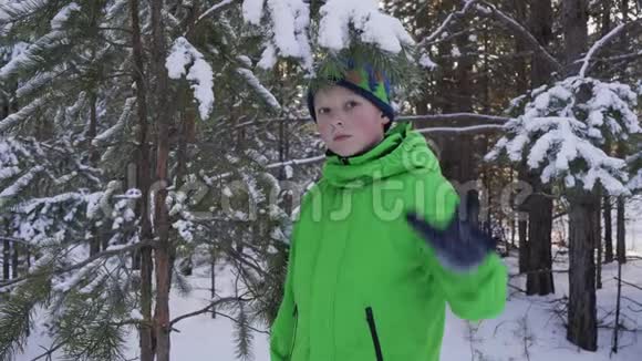 在冬天的森林里玩松树树枝的男孩视频的预览图