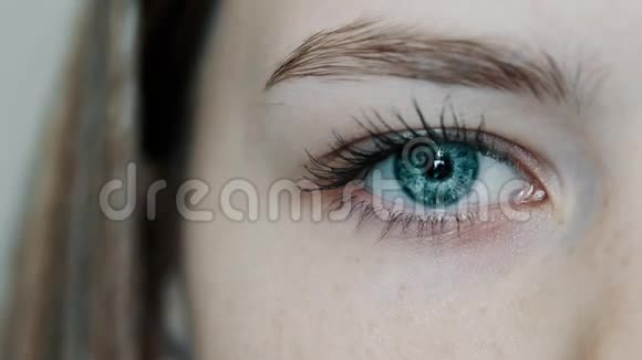 蓝眼睛的女孩睁开她美丽的眼睛看着镜头视频的预览图