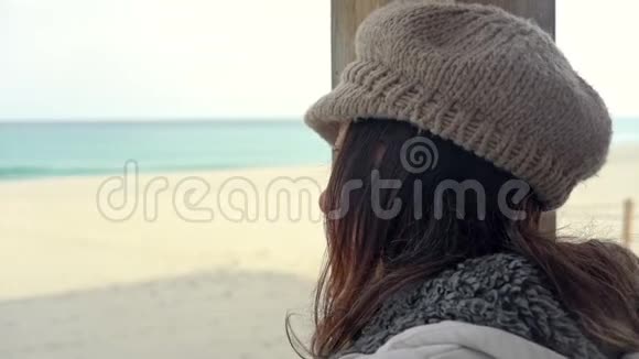 冬天一个暴风雨般的天空在海边的一个封闭的酒吧的日光室里年轻的女人倚在一根木杆上看着视频的预览图