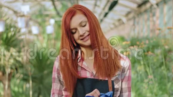 一位非常漂亮的女士带着一个红头发的园丁准备开始照料花房里的一株装饰性植物视频的预览图