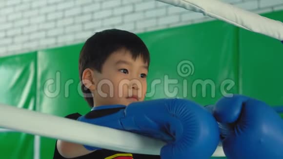 一个穿拳击的孩子在拳击场上看起来很仔细视频的预览图