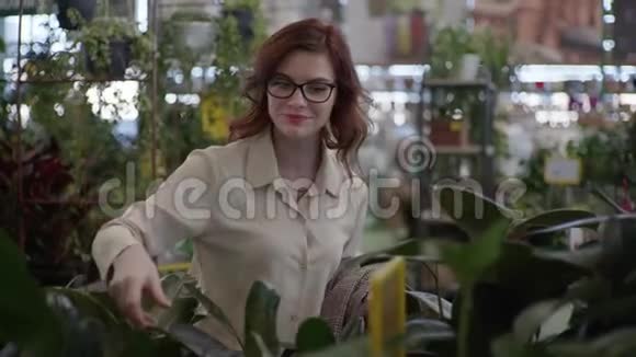 店里可爱的年轻女性在室内植物部选择带有装饰花朵的盆栽做家居装饰视频的预览图