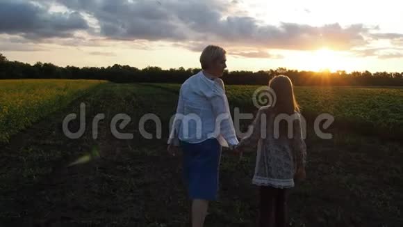 母亲和女儿在日落时穿过种植园快乐的人慢动作视频的预览图