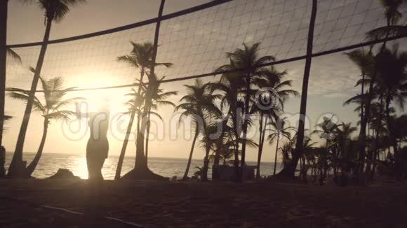 热带海滩日出朋友打沙滩排球视频的预览图