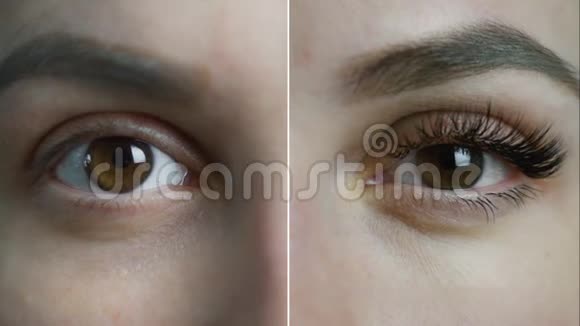 睫毛延伸女性眼睛前后比较分割屏幕视频4k视频的预览图