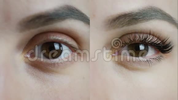 睫毛延伸女性眼睛前后比较分割屏幕视频4k视频的预览图