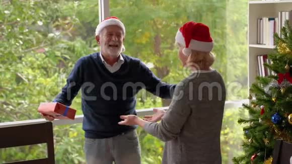 老年夫妇在圣诞节互赠礼物幸福地拥抱对方视频的预览图