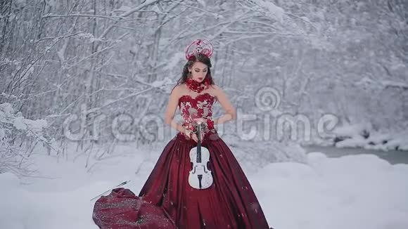 穿着红色皇家礼服白小提琴的可爱年轻女子站在冬日森林的雪地上视频的预览图